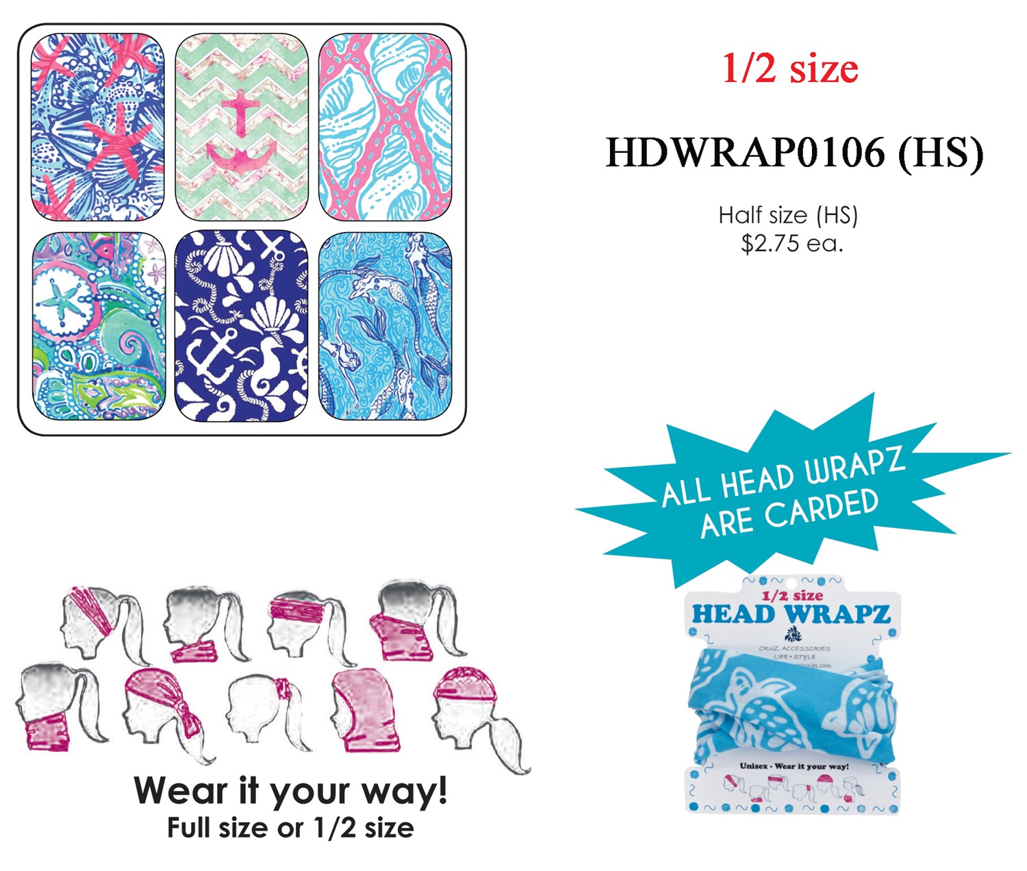 Head Wrapz Nautical Patterns Half Size Assorted Colors HDWRAP0106