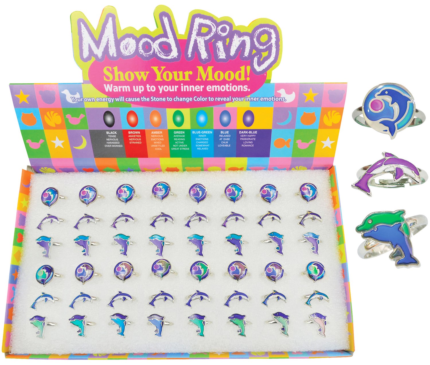 Adjustable Dolphin Mood Rings Assorted (48 Rings Pre-Packed in Box) RBOX-0300