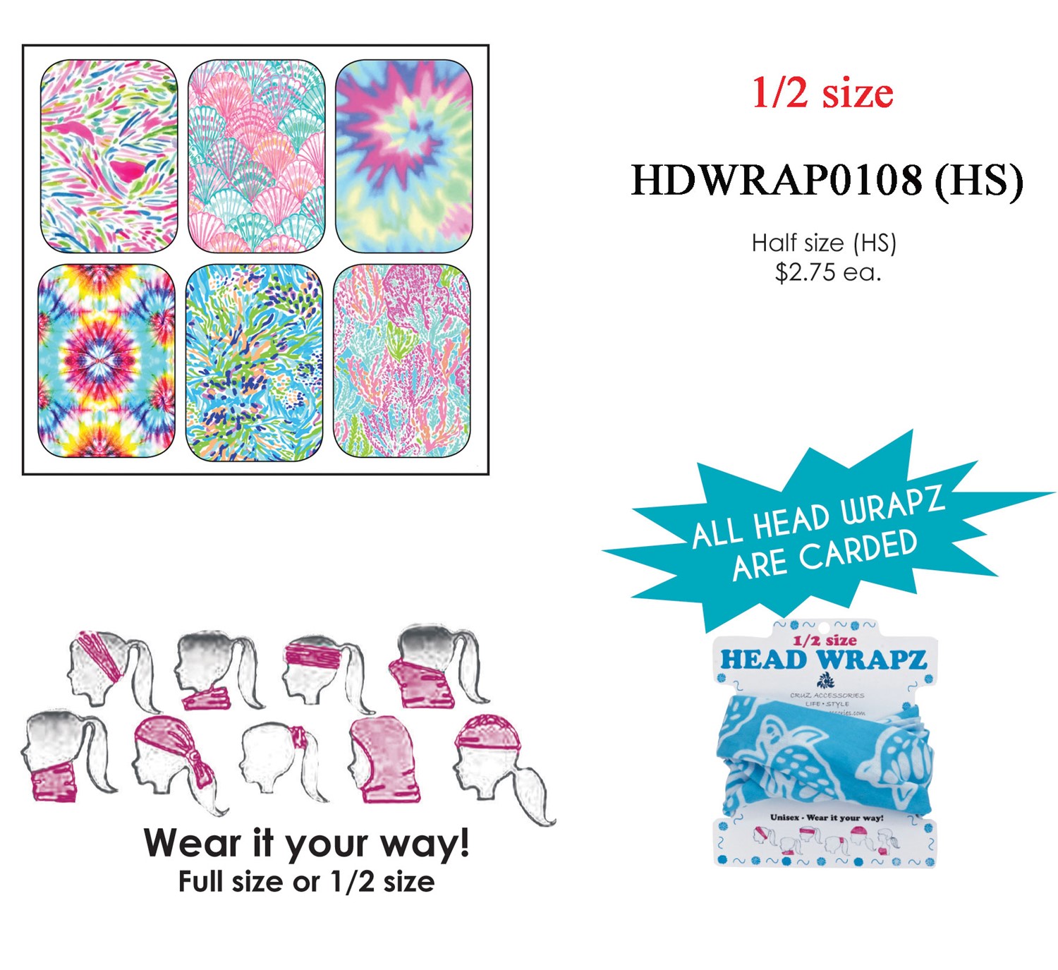 Head Wrapz Half Size Assorted Colors HDWRAP0108
