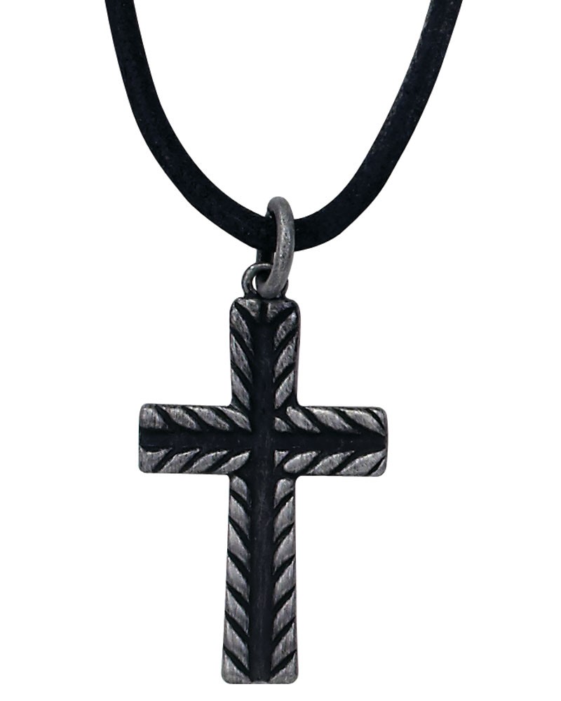 Textured Cross Pendant on Leather Cord Necklace ZNK1352