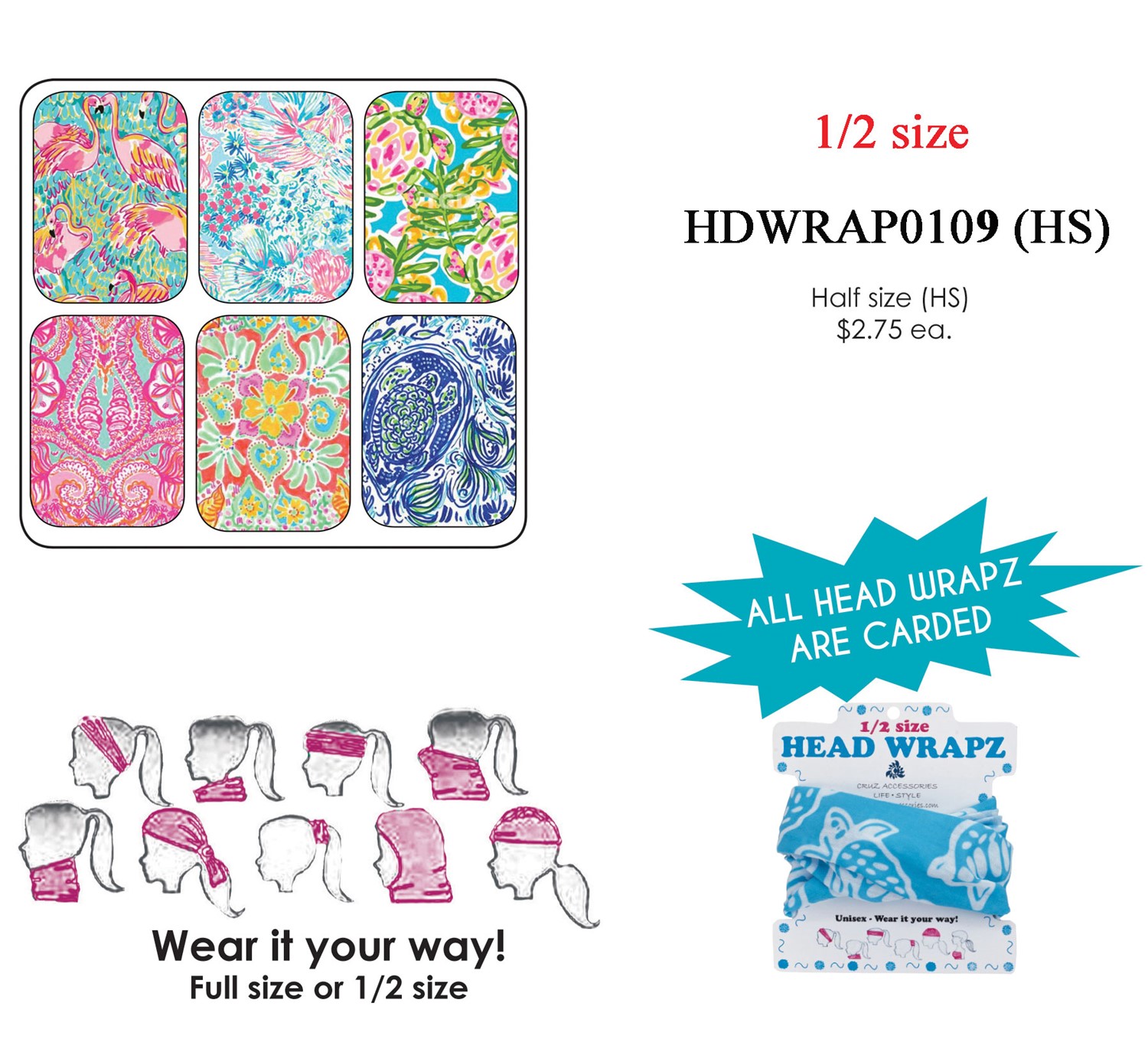 Head Wrapz Half Size Turtle Flower Assorted Colors HDWRAP0109