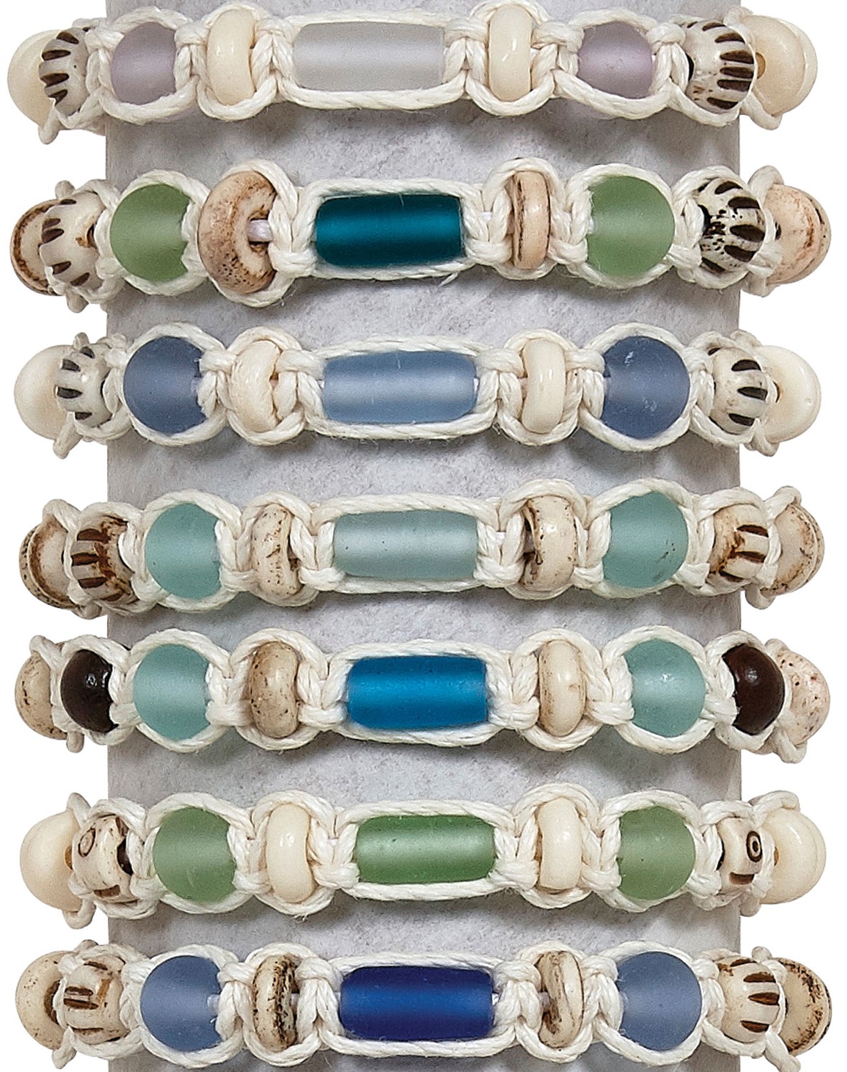 Macrame With Bone & Sea Glass Beads Adjustable Slide Knot Bracelet (C) Assorted BR0821-C