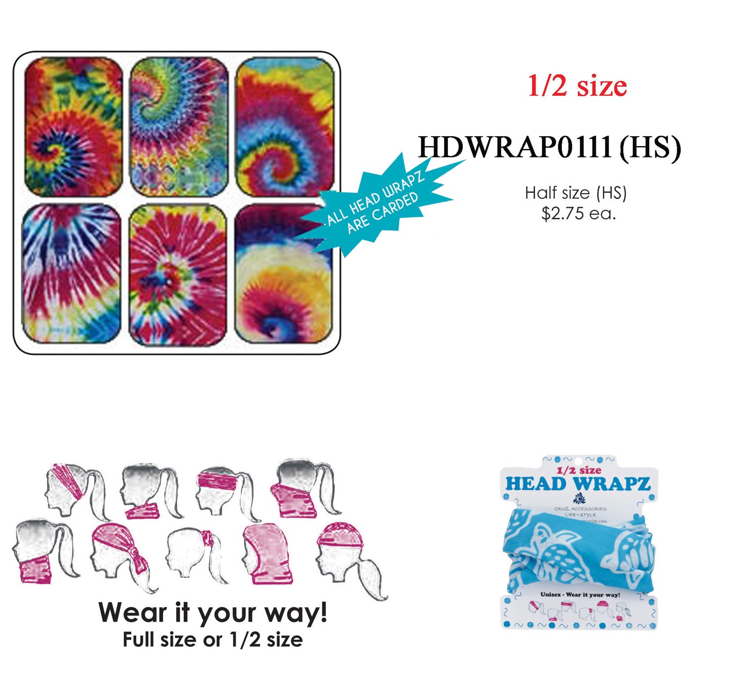 Head Wrapz Tie Dye Swirl Patterns Half Size Assorted Colors HDWRAP0111