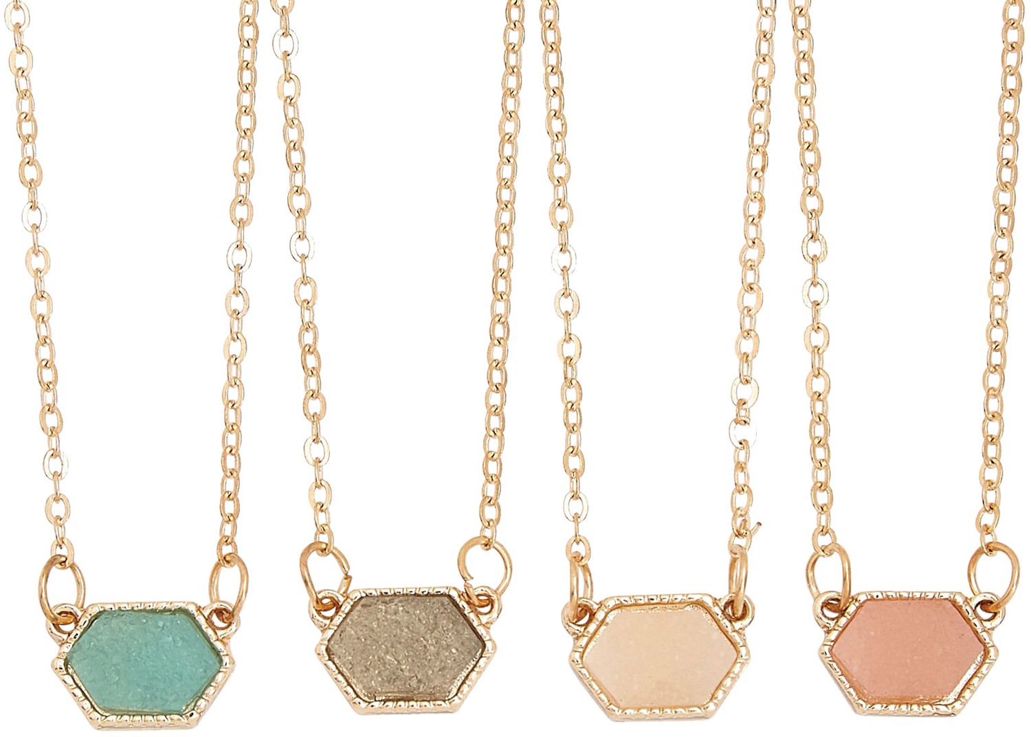 Hexagonal Druze Pendant On Gold Chain Necklace Assorted NK2641