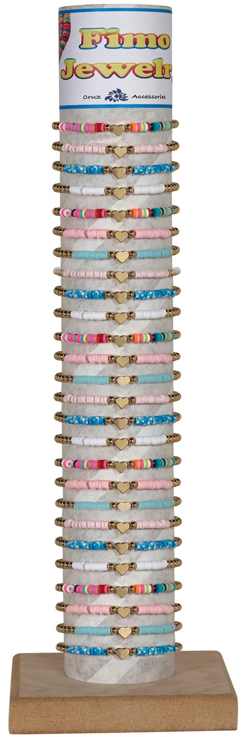 Fimo With Gold Bead And Gold Heart Elastic Bracelet Assorted With Tube & Base BR0794-TUBE