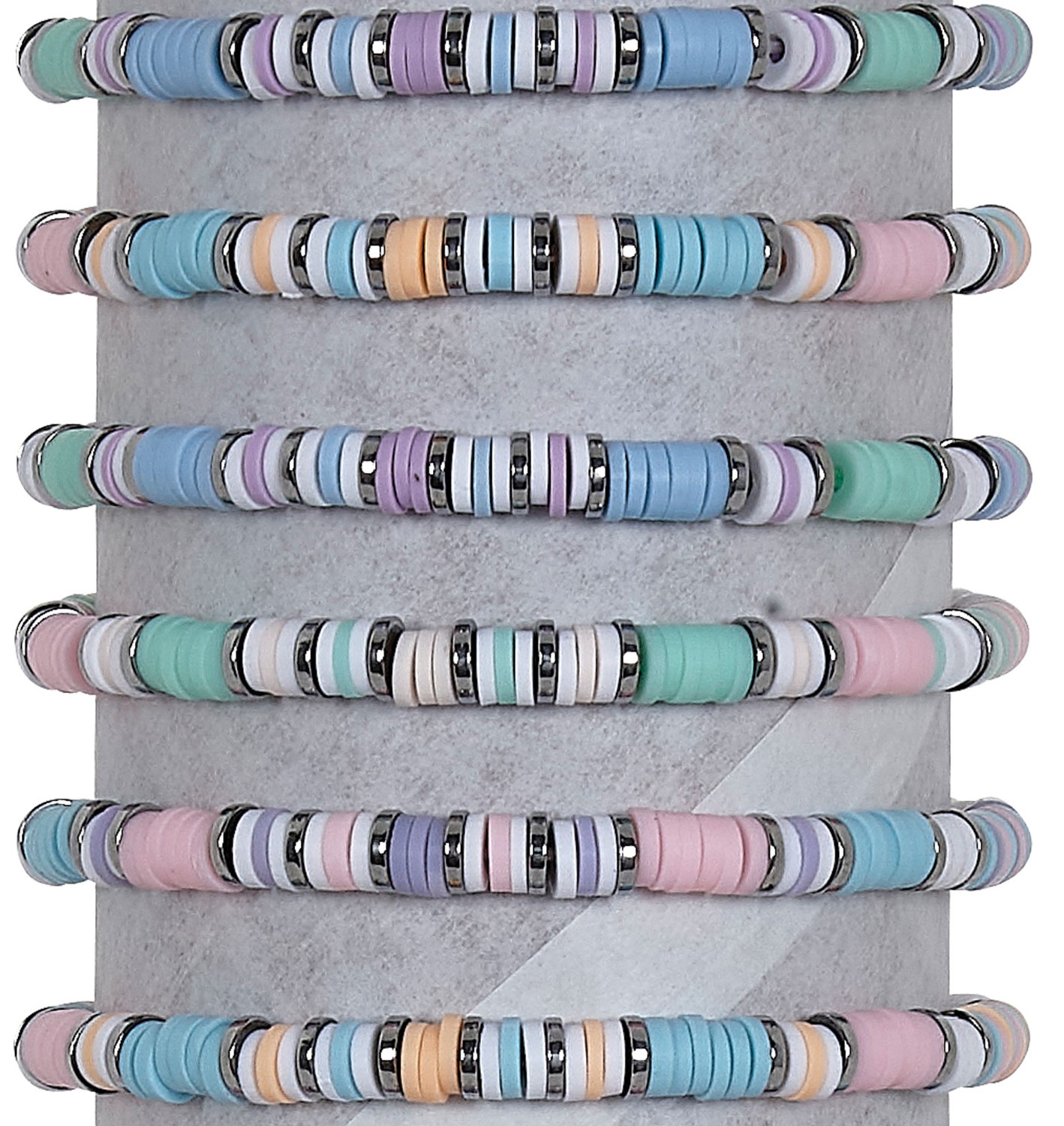 Elastic Pastel Fimo With Silver Disc Stretch Bracelet Assorted BR1768