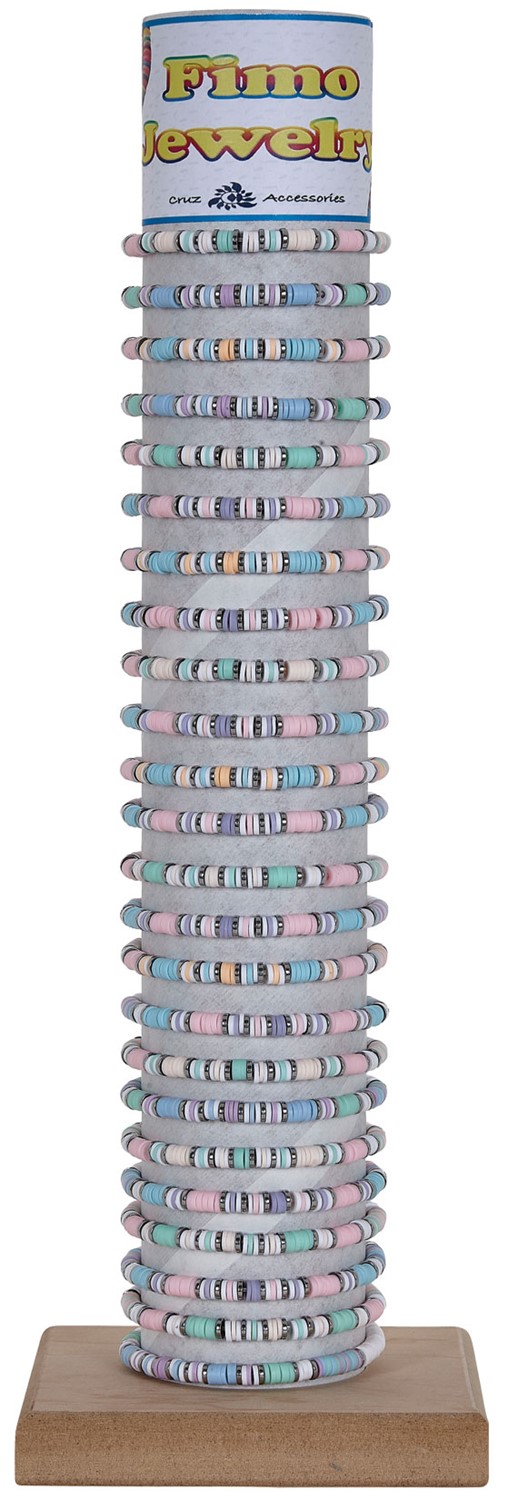 Elastic Pastel Fimo With Silver Disc Stretch Bracelet Assorted With Tube & Base BR1768-TUBE