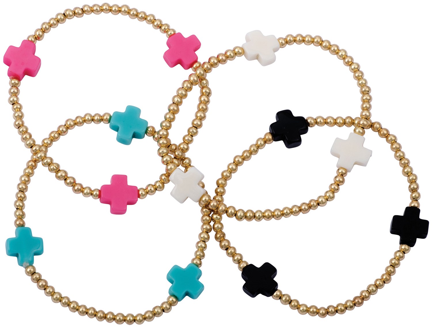 3MM Gold Bead With 3 Cross Pendant Stretch Bracelet Assorted BR0908-G