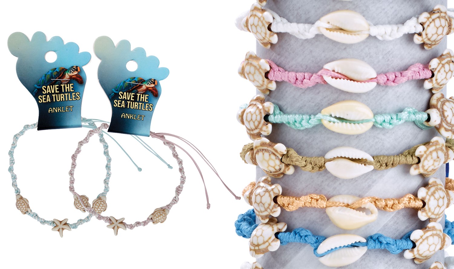 Howlite Sea Turtle And Starfish Pendant On Macrame Cord Anklet Assorted AK0733-TU