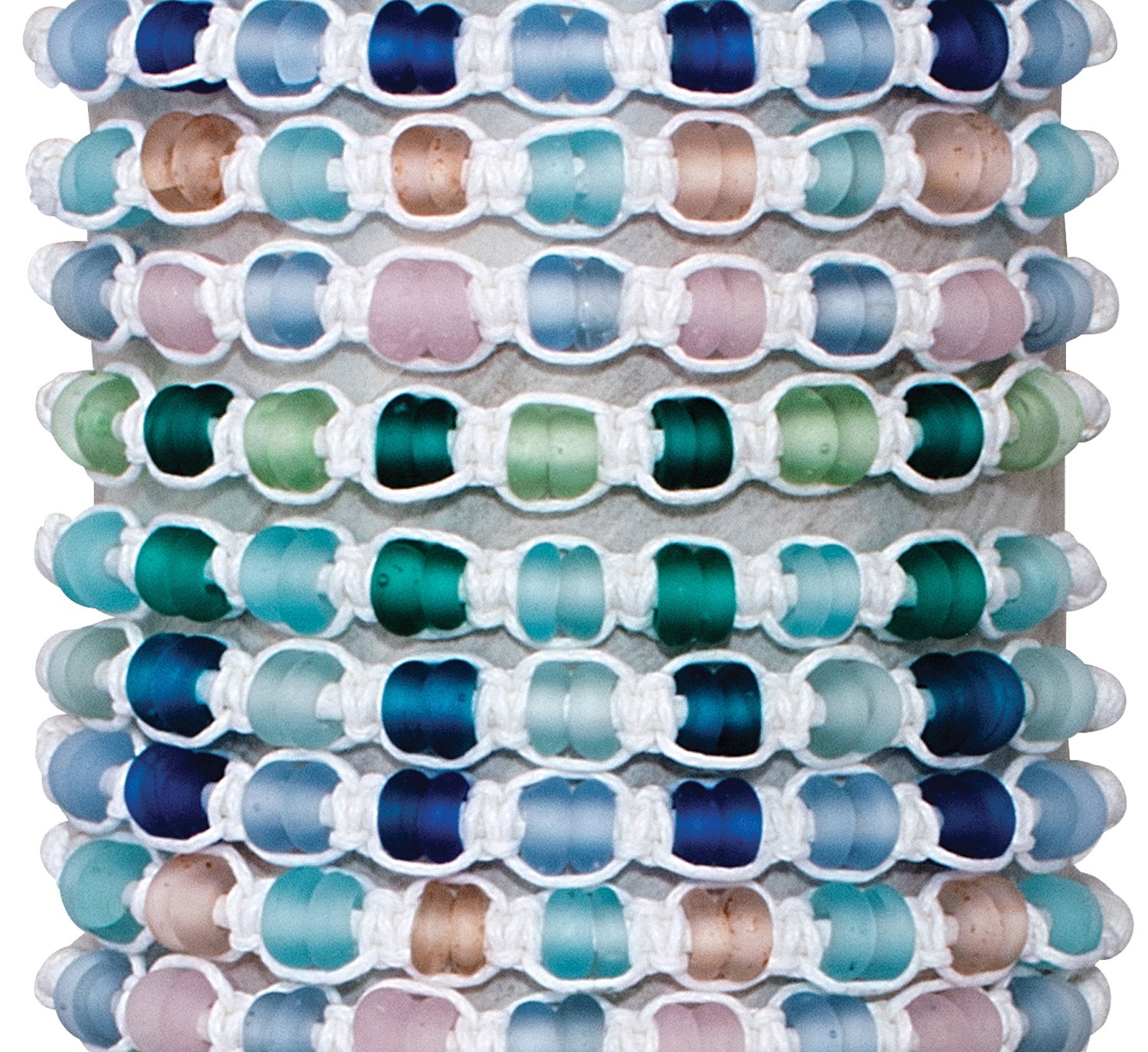 2 Bead Sea Glass Pattern on White Cord Slide Knot Bracelet Assorted BR0888