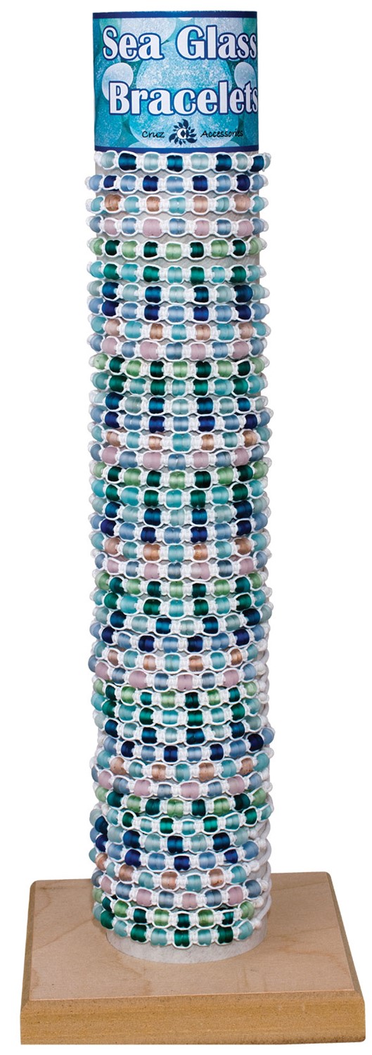 2 Bead Sea Glass Pattern on White Cord Slide Knot Bracelet Asst W/Tube & Base BR0888-TUBE