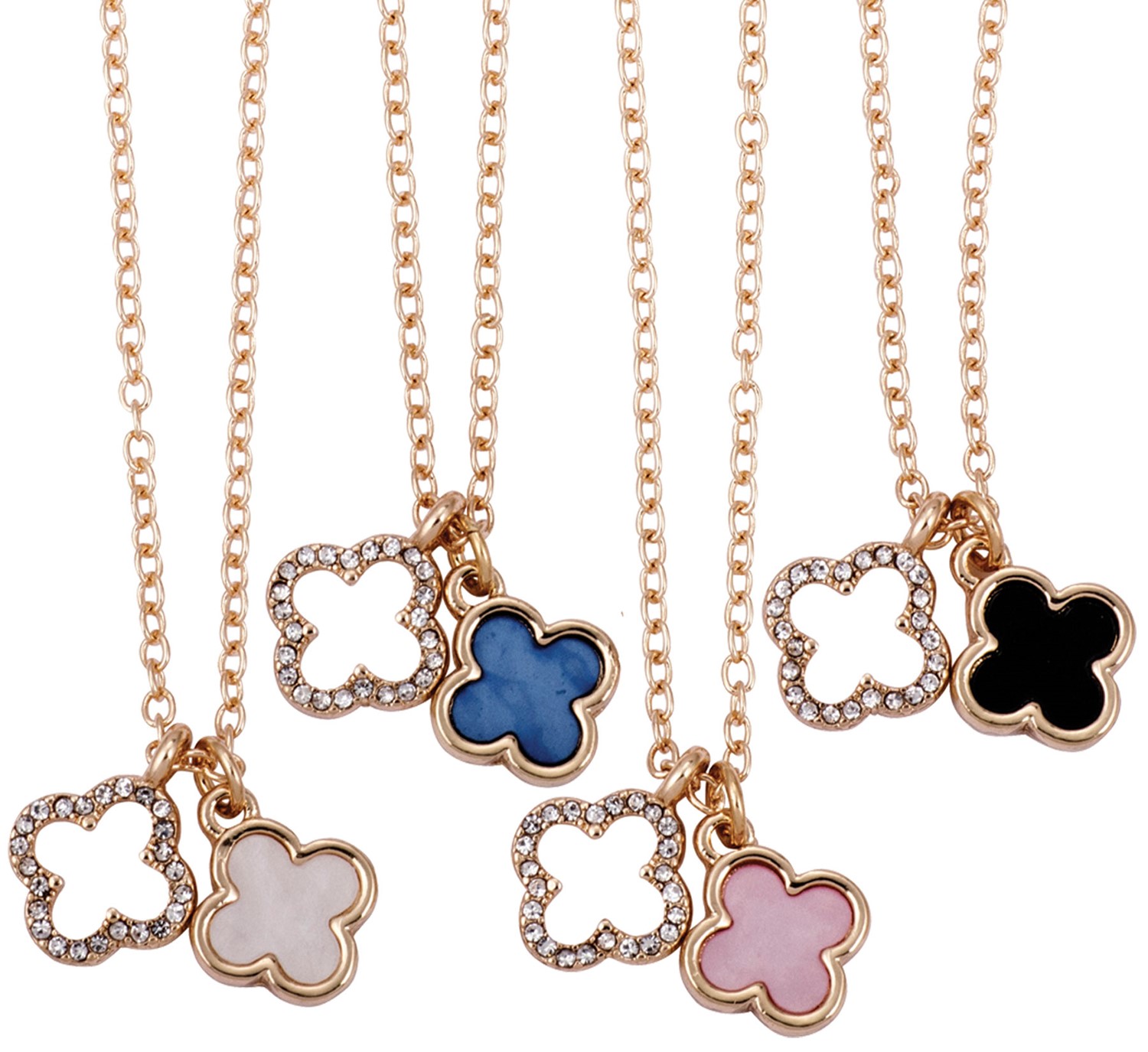 Enamel And Crystal Double Clover Pendants On Gold Chain Necklace Assorted NK2679