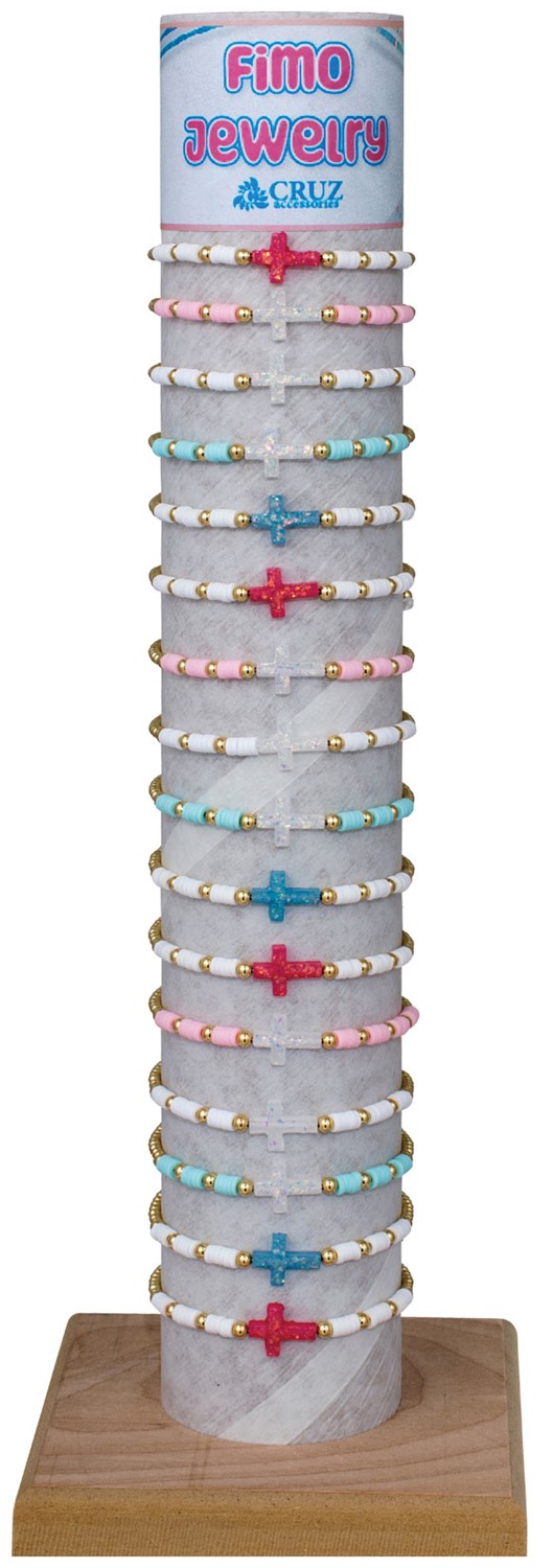 Gold Bead Fimo with Cross Pendant Adj Slide Knot Bracelet Asst with Tube & Base BR0963-TUBE