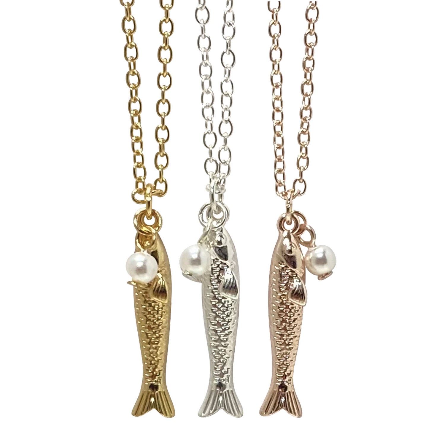 Rose Gold / silver plated / gold skinny fish with pearl necklace NK2701