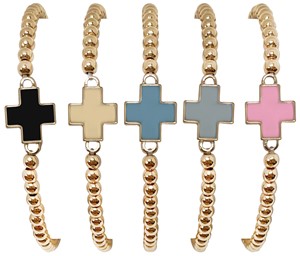 Elastic 3MM Gold Bead With Enamel Cross Pendant Bracelet Assorted