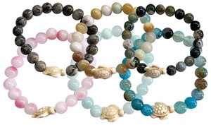 8MM Earth Tone Satin Bead Stretch Bracelet With Turtle Pendant (B) Assorted