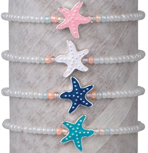 Iridescent Seed Bead W/Enamel Starfish Adjustable Slide Knot Bracelet Assorted