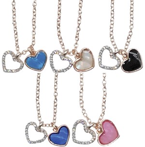 Crystal and Enamel Double Heart Pendants on Gold Chain Necklace Assorted