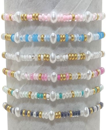 Colored Seed Bead with Freshwater Pearl Adjustable Slide Knot Bracelet Assorted BR1844