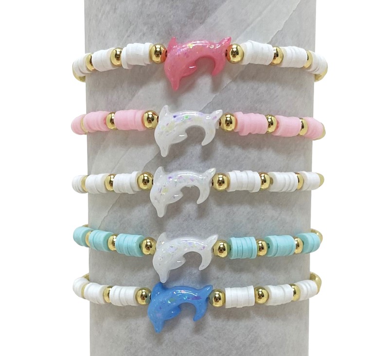Gold Bead Fimo with Dolphin Pendant Adjustable Slide Knot Bracelet Assorted BR0963-DOL
