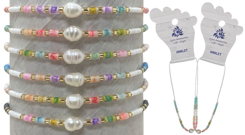 Fresh Water Pearl With Colored Japanese Seed Bead Anklet Assorted AK1823