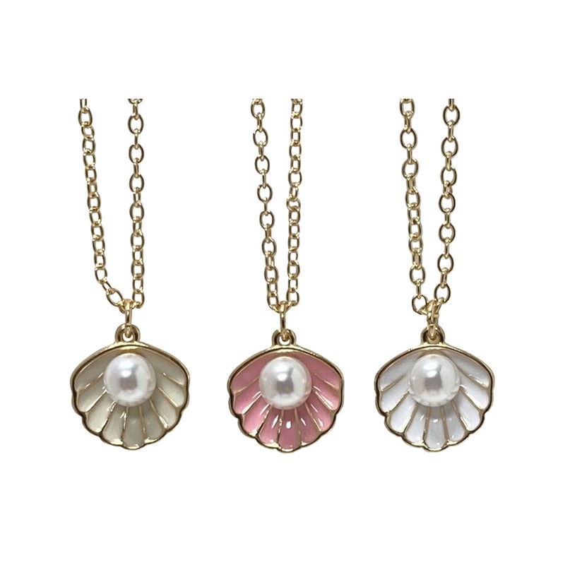 Enamel Open Clam Shell with Pearl Pendant Necklace NK2699