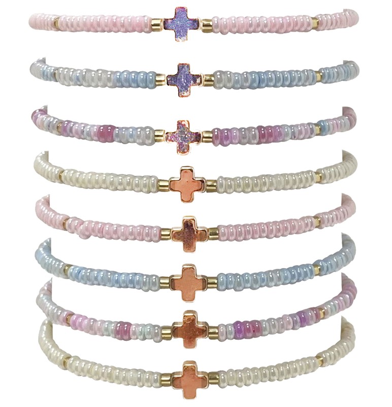 Iridescent Bead with Mini Cross Pendant Bracelet BR1847