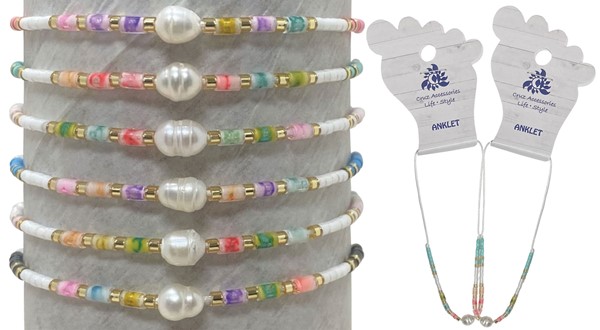Fresh Water Pearl With Colored Japanese Seed Bead Anklet Assorted