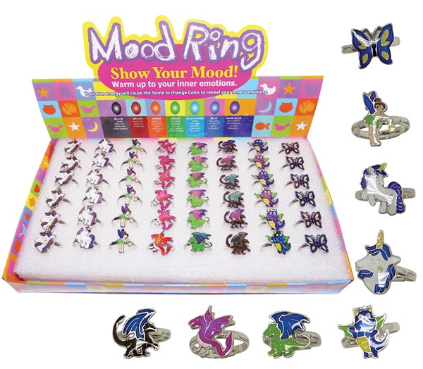 Assorted Unicorn, Fairy, Dragon Mood Rings Assorted (48 Rings Pre-Packed in Box)