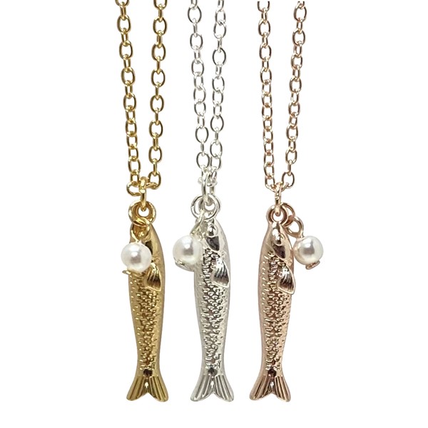 Rose Gold / silver plated / gold skinny fish with pearl necklace
