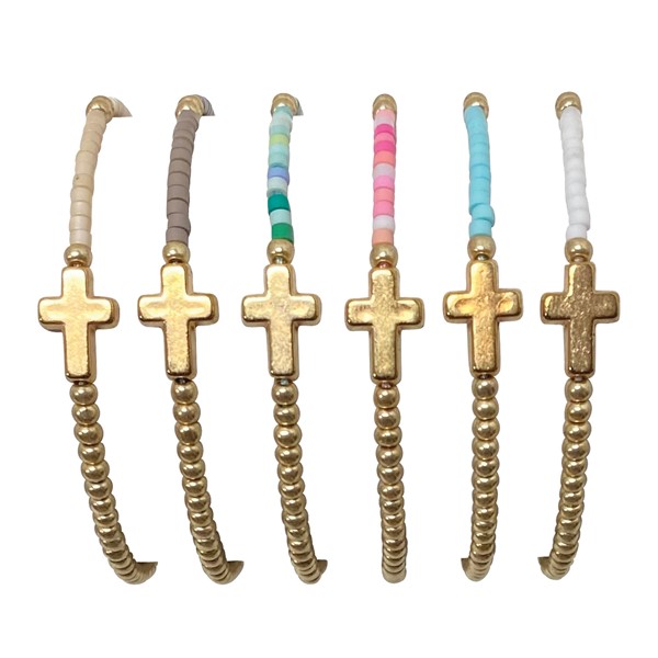 Gold and Color Bead with Cross Bracelet