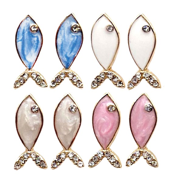 Swirl Enamel with Rhinestone Fish Pendant Earrings